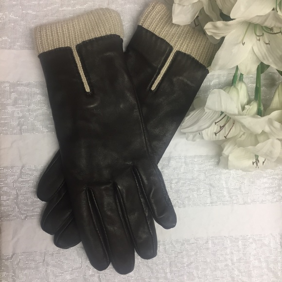 Ladies Gloves, genuine leather, brown with beige knitting trim,, size 7 1/2 - Picture 1 of 9